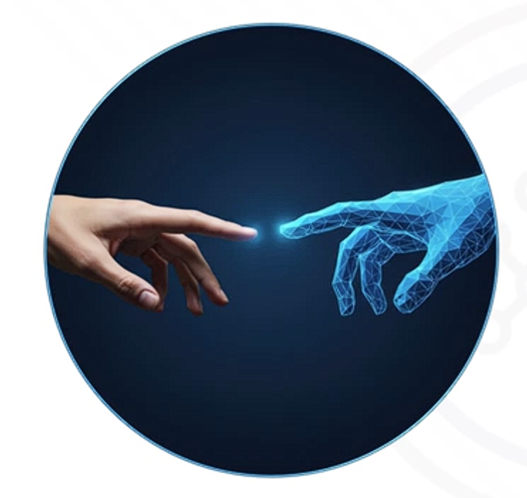 Human and AI hands meeting at a controlled handoff point