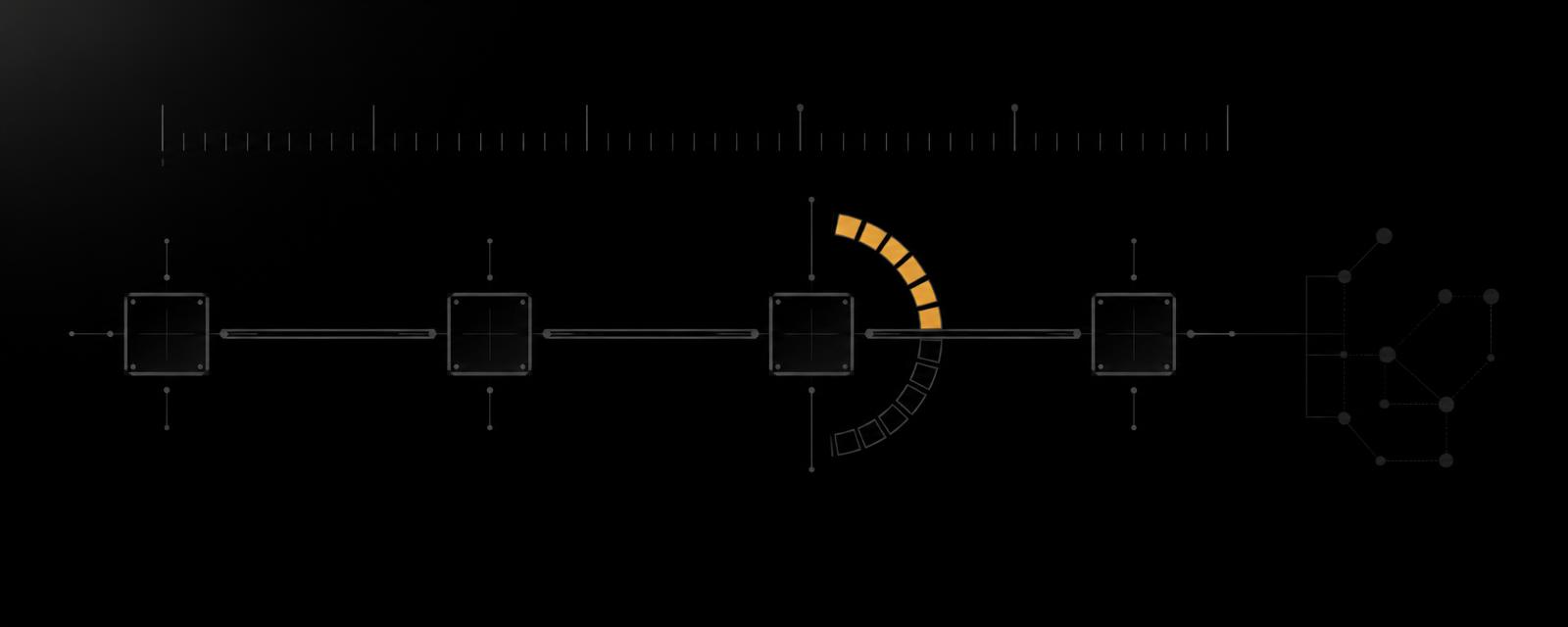 Pipeline of connected workflow stages with a partially filled progress arc